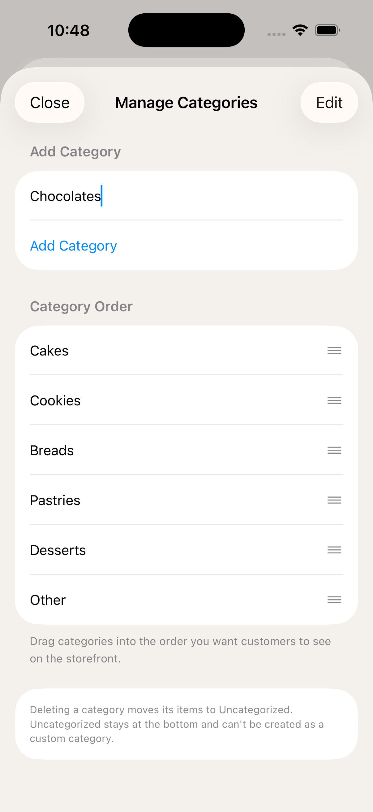 Mudita categories and items screen