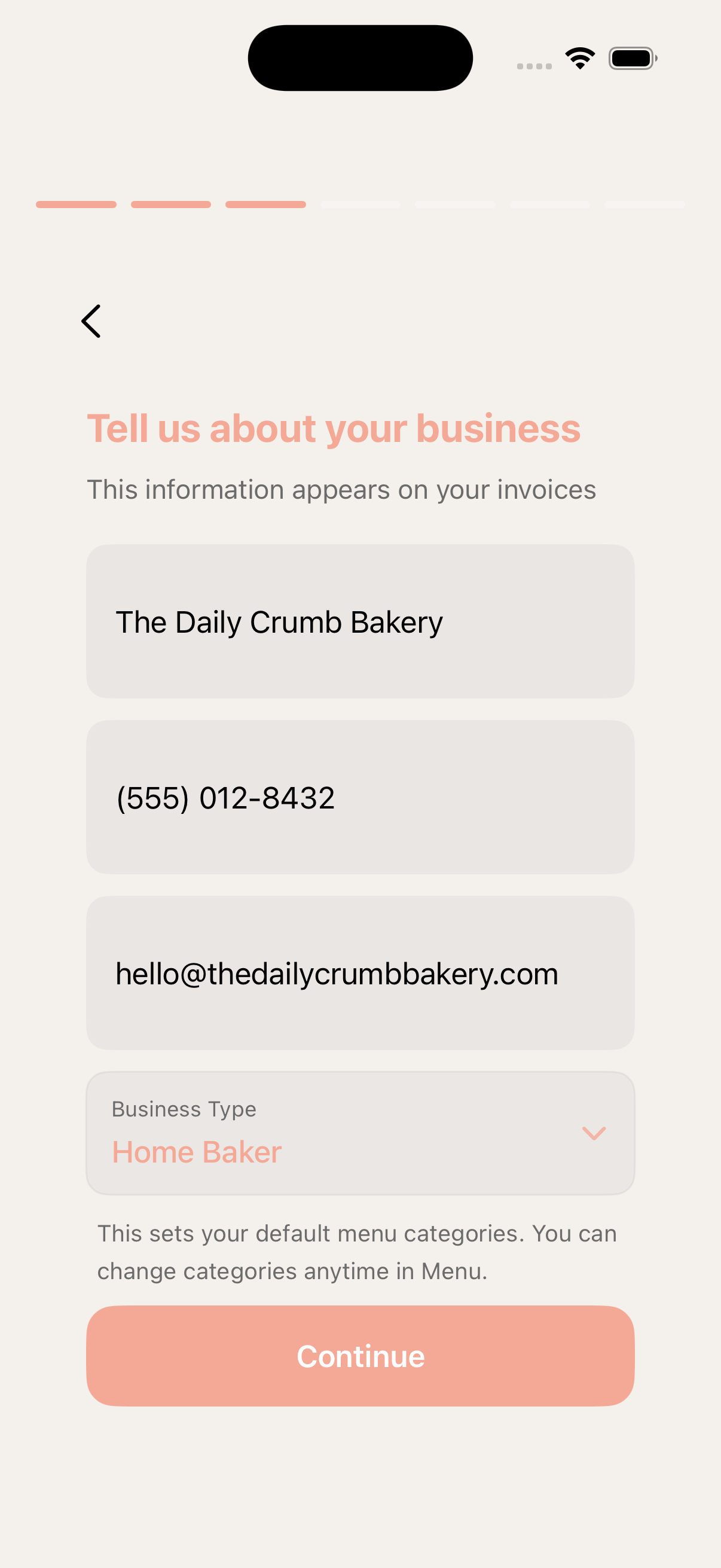 Onboarding step for business setup