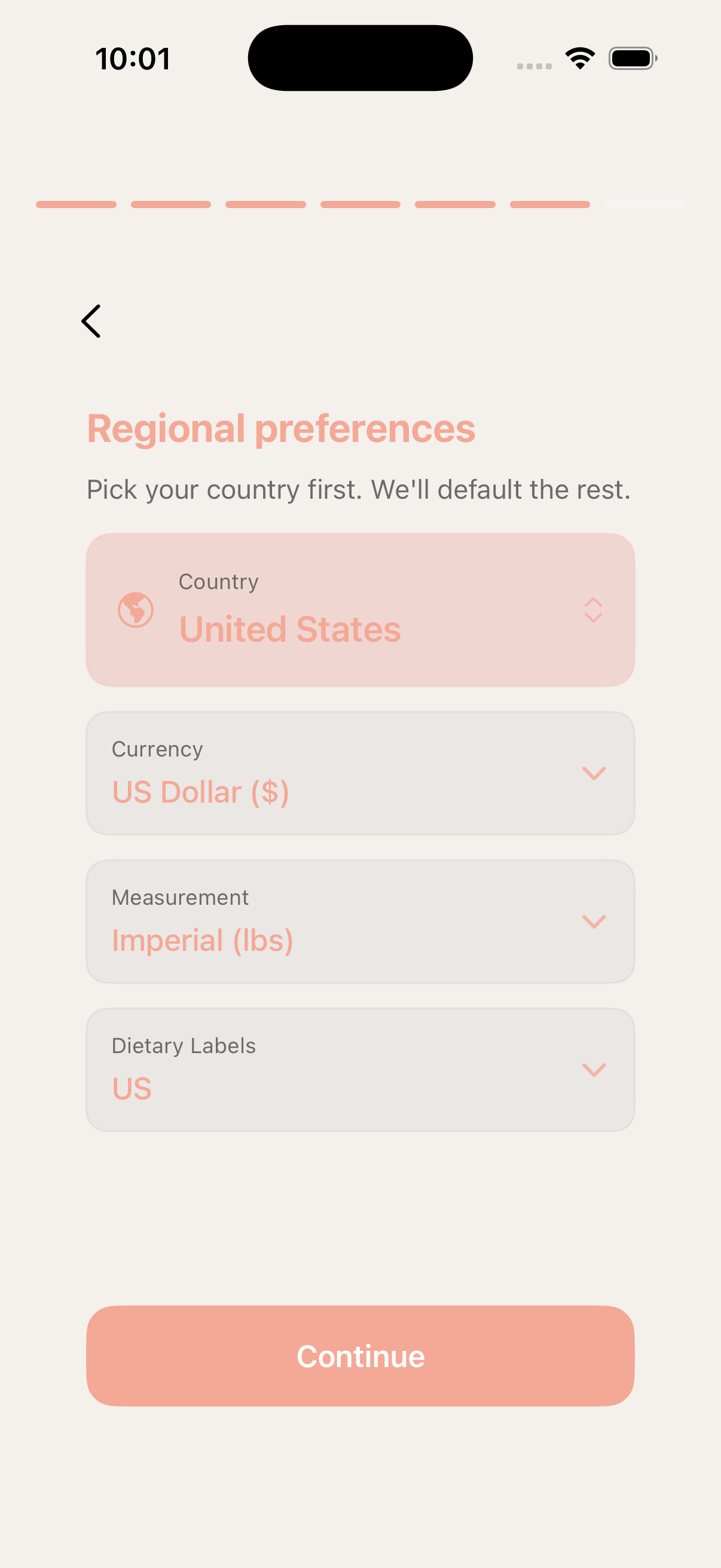 Onboarding step for regional preferences