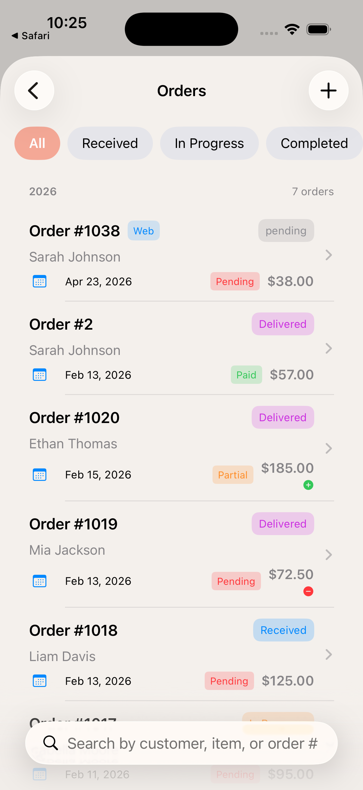 Mudita order control screen