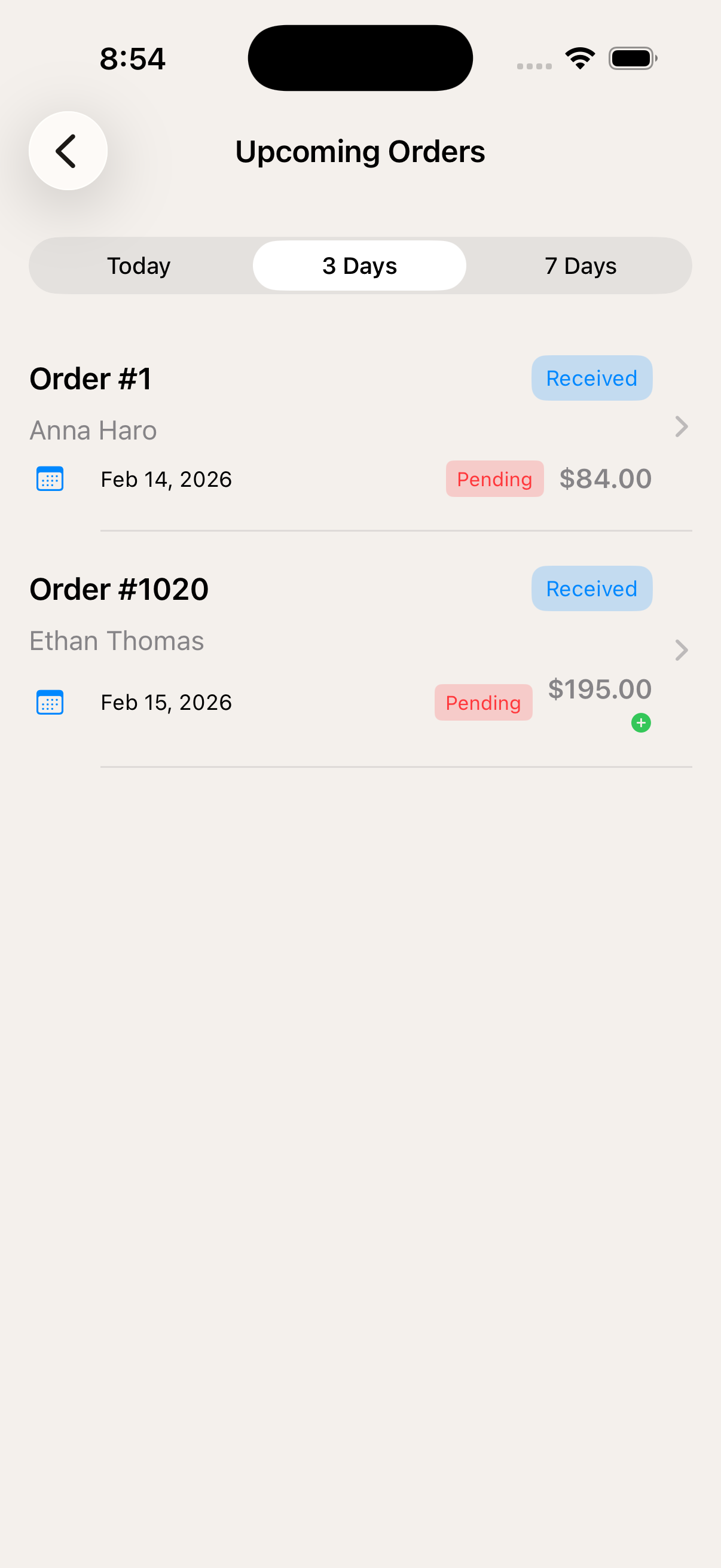 Mudita order status and payment updates screen