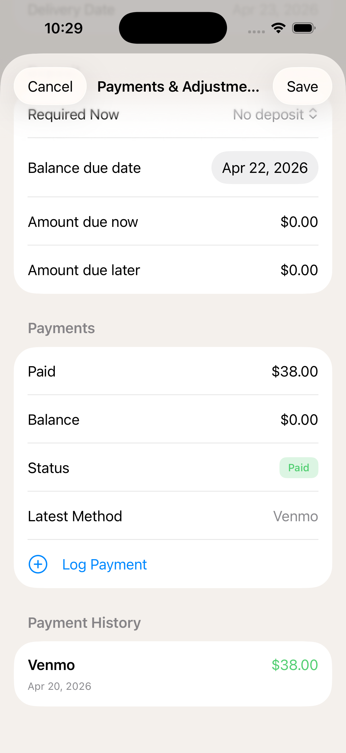 Mudita log payment screen