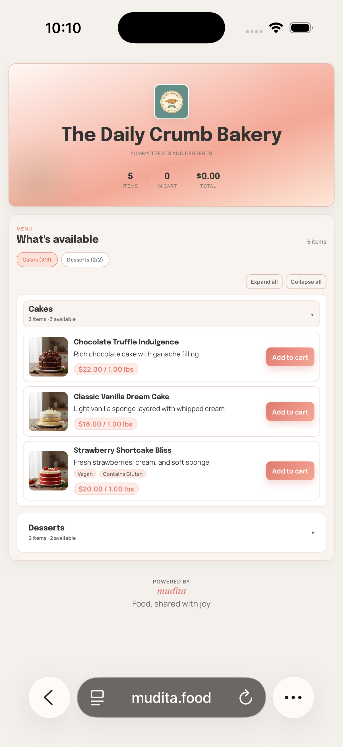 Mudita storefront and menu browsing screen